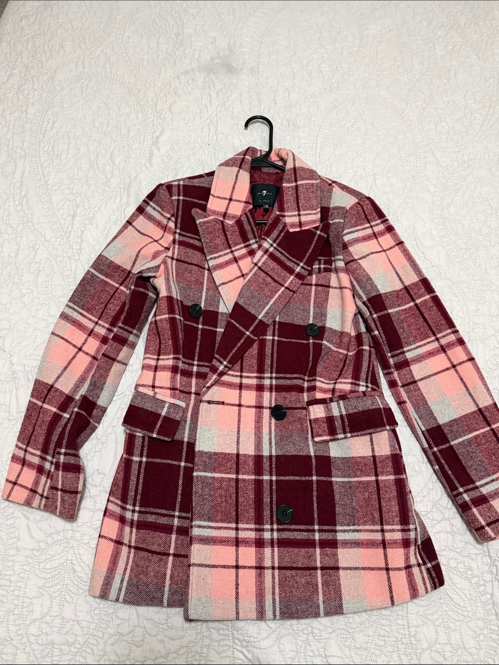 7 For All Mankind Pink and Burgundy Plaid Double-Breasted Pea Coat